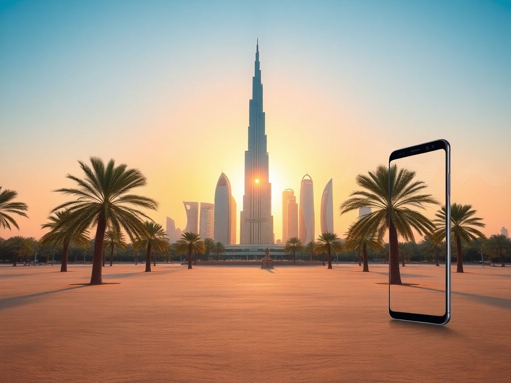 Flick International A serene landscape showcasing Riyadh's skyline with the Kingdom Centre Tower and palm trees under a blue sky