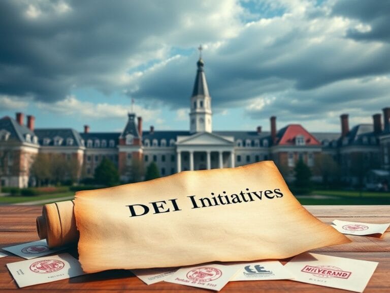 Flick International University campus with iconic architecture and an open scroll on a wooden table signifying DEI initiatives