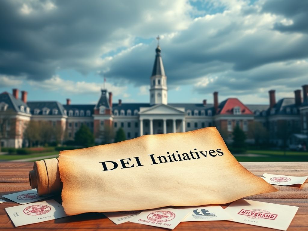 Flick International University campus with iconic architecture and an open scroll on a wooden table signifying DEI initiatives