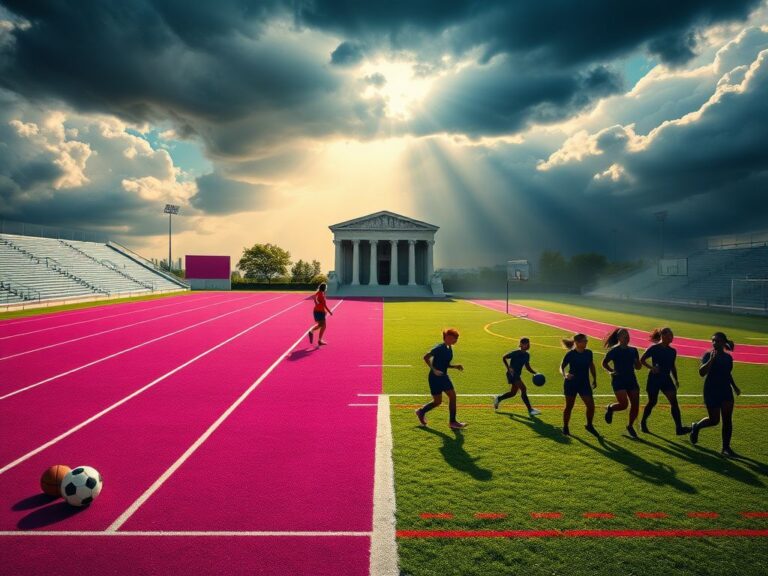 Flick International Scene depicting a divided sports field representing women's sports and legal challenges