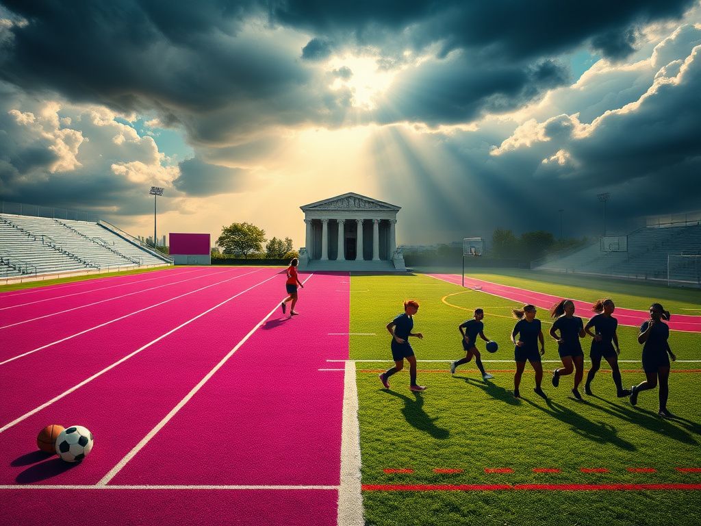 Flick International Scene depicting a divided sports field representing women's sports and legal challenges