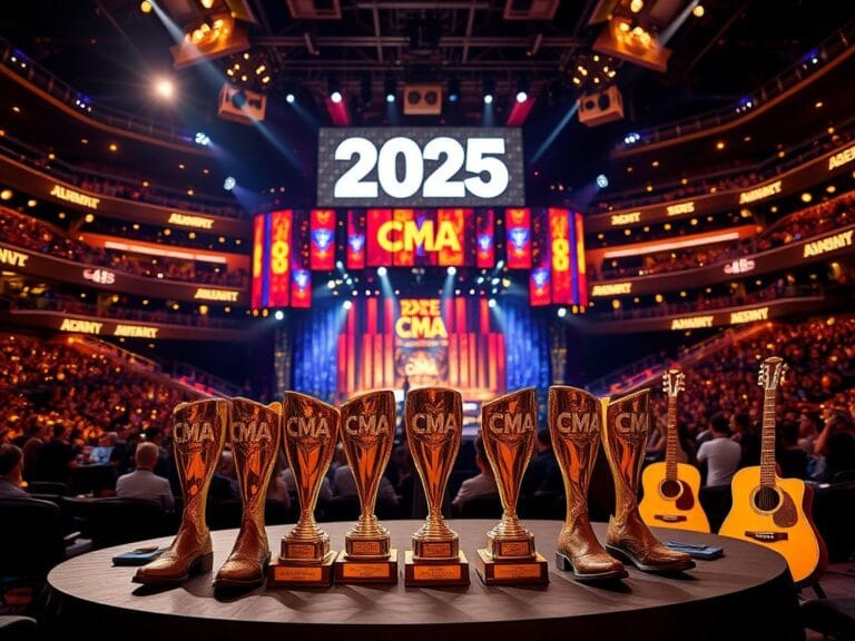 Flick International A vibrant scene from the 2025 CMA Awards featuring a grand stage and CMA trophies.