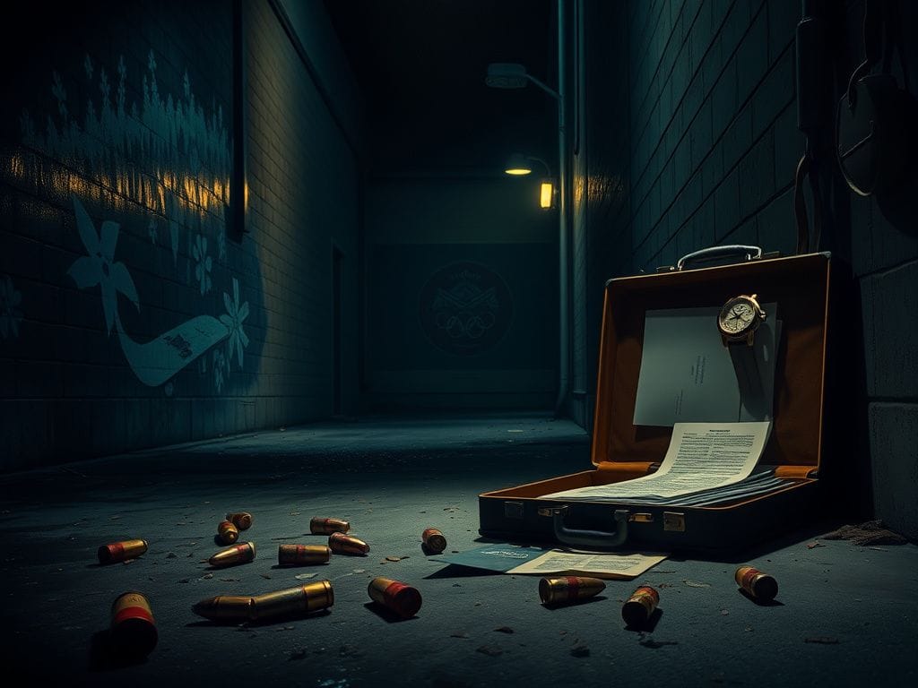 Flick International A dark, foreboding alleyway at night filled with spent bullet casings and shadows hinting at danger.