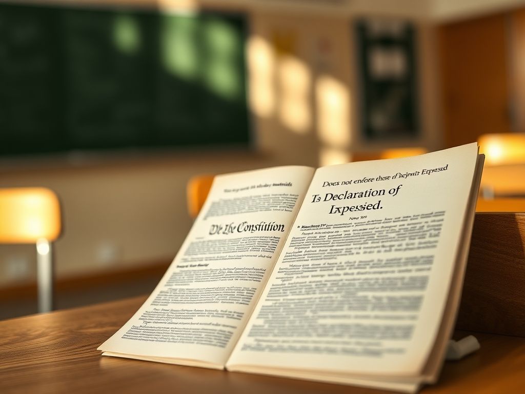 Flick International Open pamphlet displaying the U.S. Constitution and Declaration of Independence on a wooden school desk