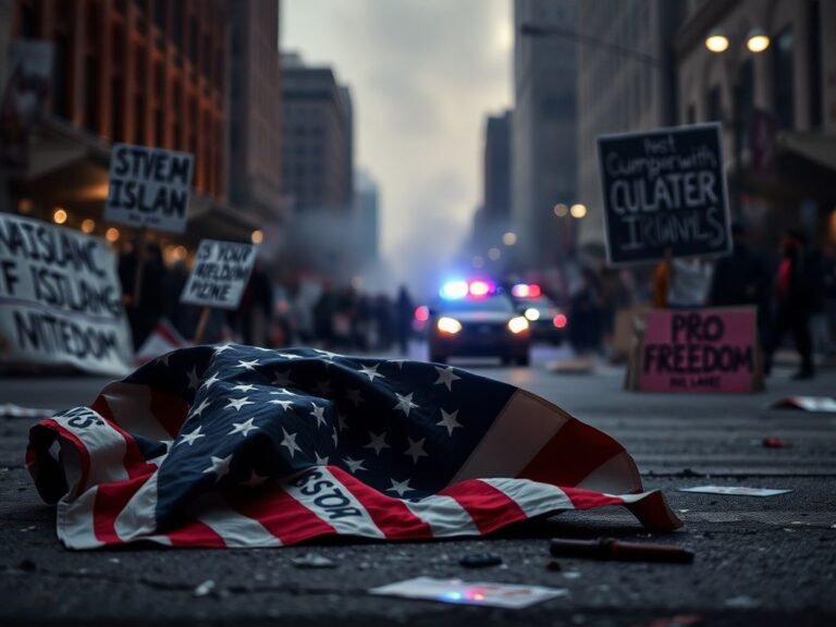 Flick International Crumpled American flag and protest signs on the ground during chaotic Dearborn protest