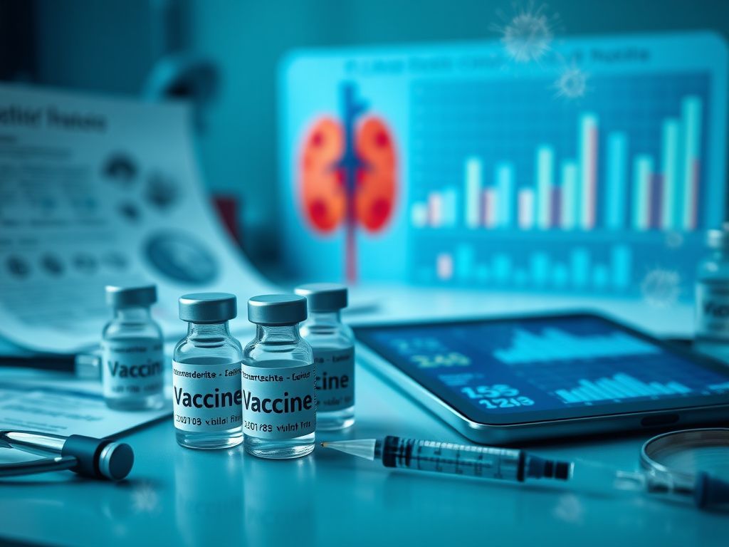 Flick International Close-up of a medical research laboratory table with vials and syringes labeled 'Vaccine'.