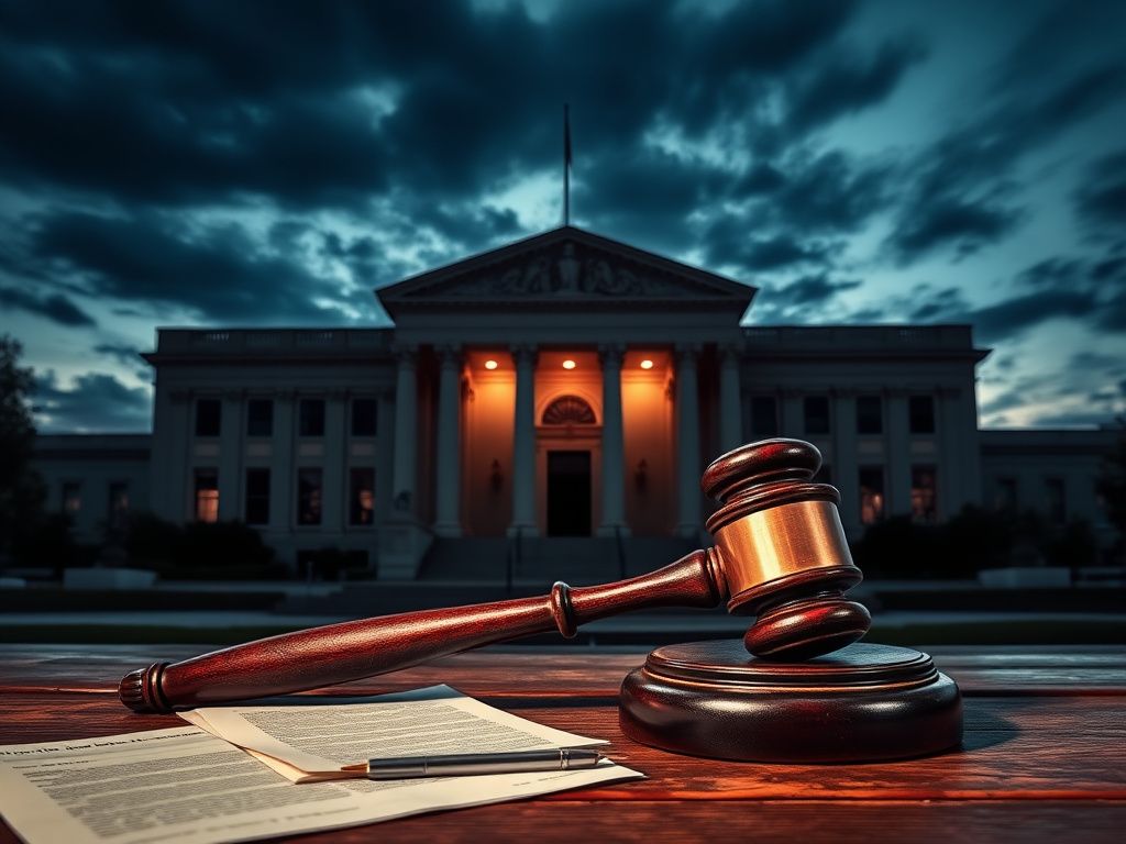 Flick International A dramatic dusk view of the U.S. Department of Justice building with a gavel and legal documents in the foreground.