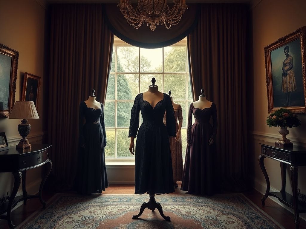 Flick International Luxurious yet restrictive wardrobe displayed on a vintage mannequin in an elegant room