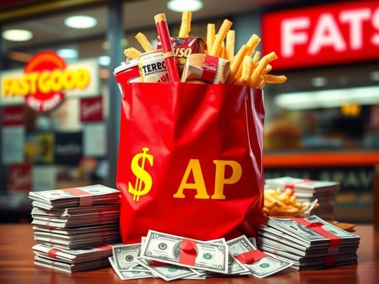 Flick International A large fast-food takeout bag filled with burgers, fries, and soft drinks, surrounded by dollar bills and food stamps.