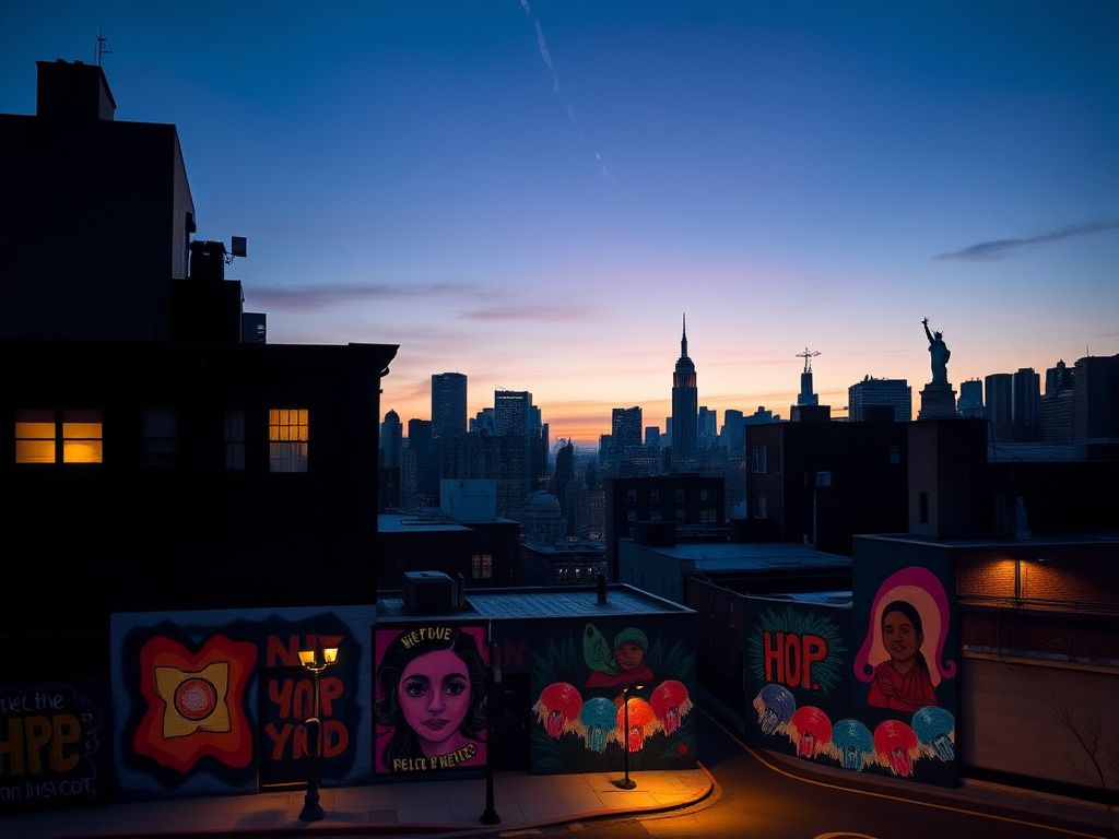 Flick International New York City skyline at dusk with a police precinct and community murals