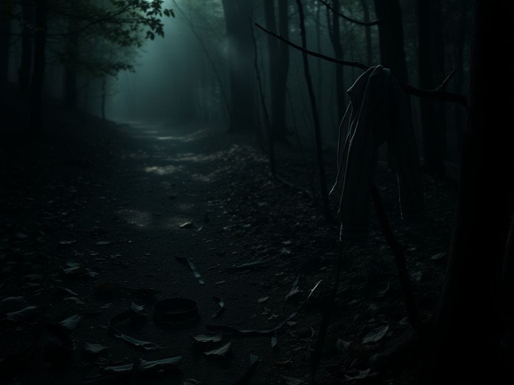 Flick International Dimly lit forest trail in a natural preserve with fallen leaves and dark zip ties