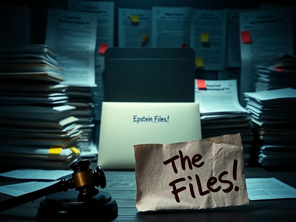 Flick International Dramatic room filled with classified documents and a gavel silhouette symbolizing judicial scrutiny over the Epstein files