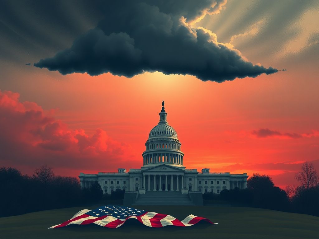 Flick International A dramatic illustration of a dark cloud over the Capitol Building symbolizing political tension