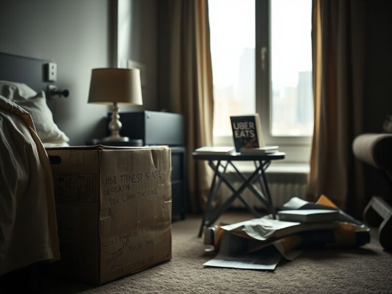Flick International A weathered cardboard box used as a nightstand in a dimly lit apartment, symbolizing Susan Powter's journey from fitness fame to a simpler life.