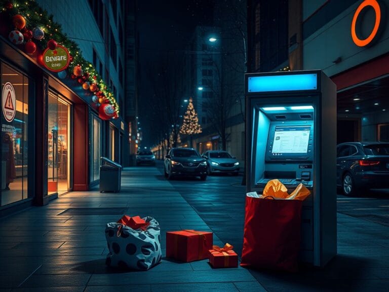 Flick International Dimly lit urban shopping scene during the holiday season with festive decorations and an ATM in the foreground