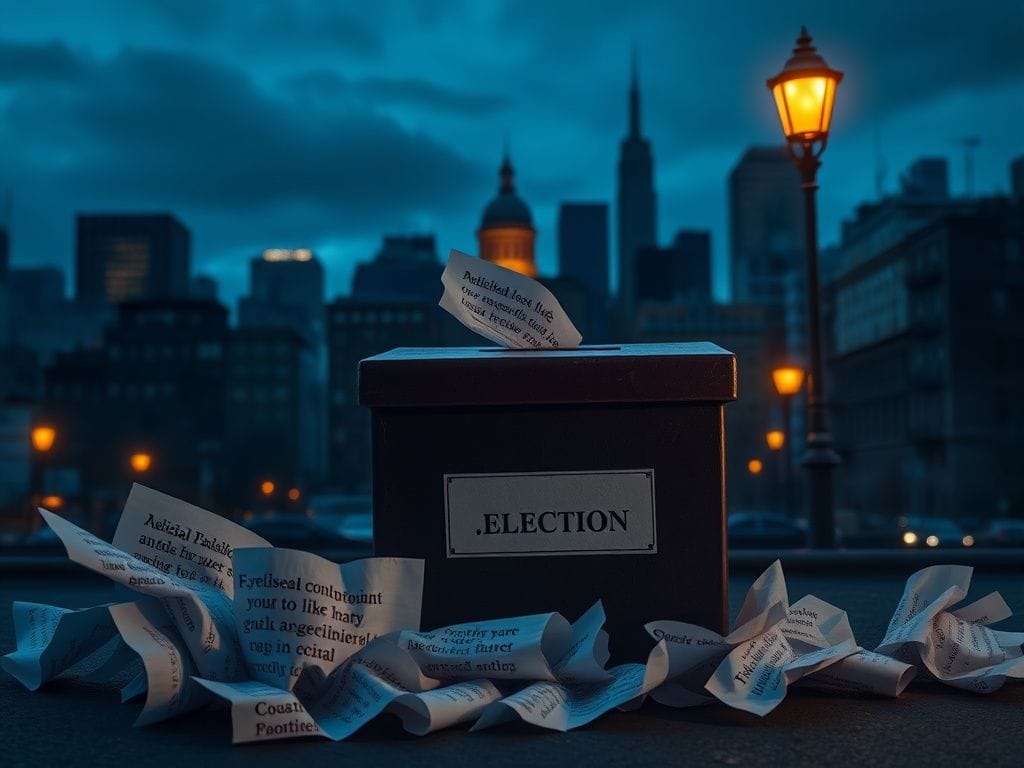 Flick International Dark cityscape of New York City at dusk with Gracie Mansion and a worn ballot box