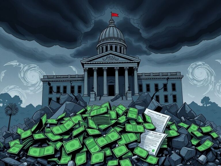 Flick International Illustration of a crumbling government building with cash and FEMA relief forms buried in debris, symbolizing fraud