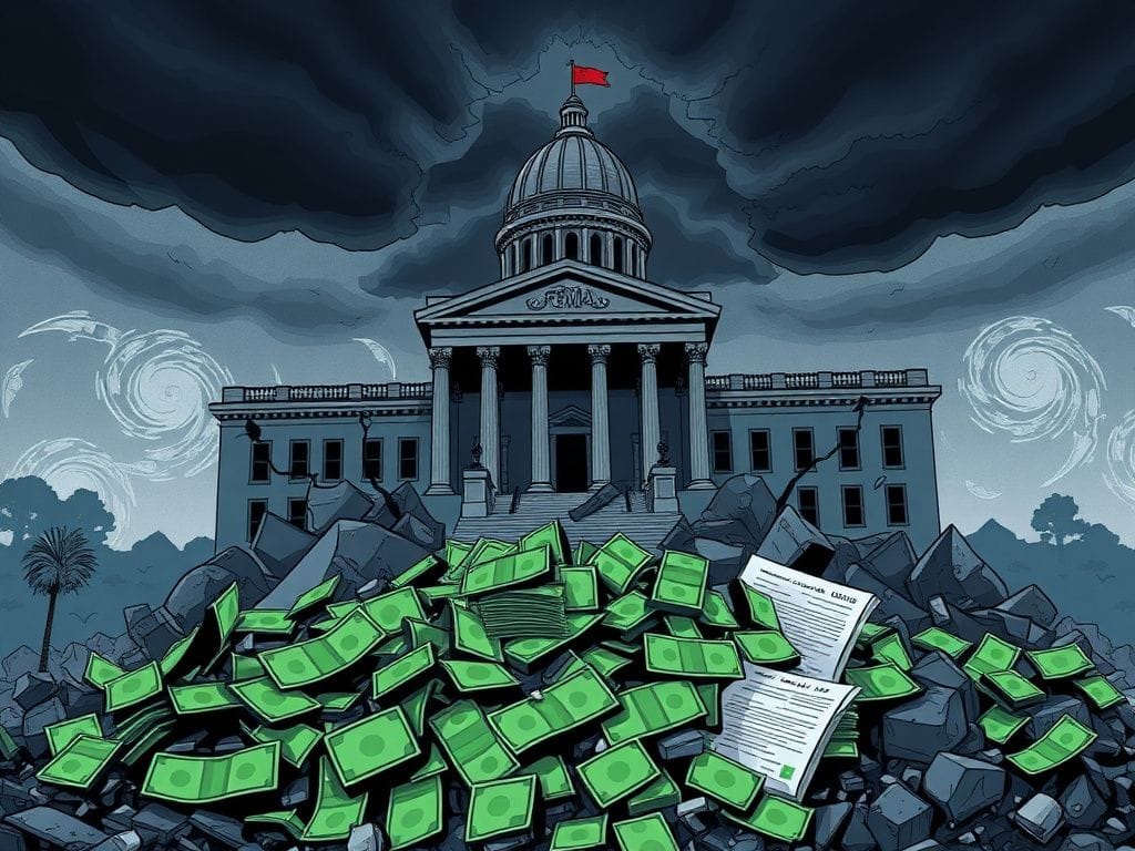 Flick International Illustration of a crumbling government building with cash and FEMA relief forms buried in debris, symbolizing fraud