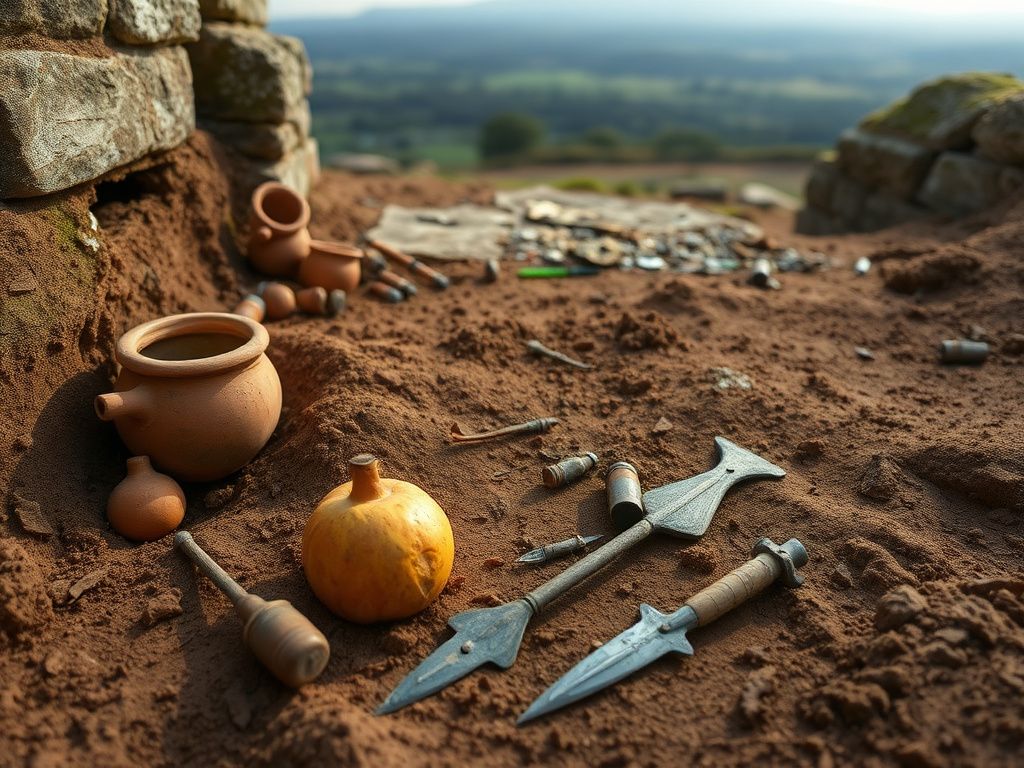 Flick International Archaeologists excavating artifacts at Bremenium Fort, revealing a preserved piece of 2,000-year-old fruit and Roman pottery.