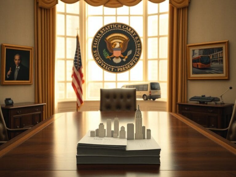 Flick International A symbolic representation of the Oval Office with an empty desk and New York City skyline replica.