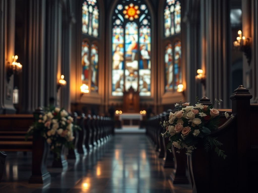Flick International Interior view of the National Cathedral with stained glass windows and an empty pew