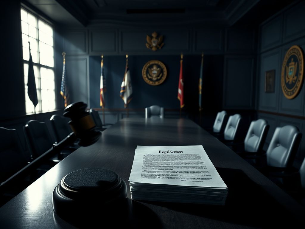 Flick International Dramatic scene in a military command center with empty chairs around an oval table