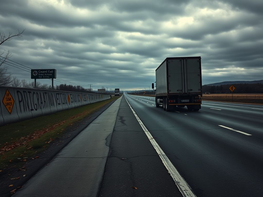 Flick International A large empty Pennsylvania highway under an overcast sky with a silhouette of a parked semi-truck and a concrete barrier marked with political graffiti.
