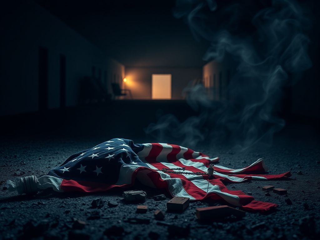 Flick International A shattered American flag symbolizing division and betrayal in a military context