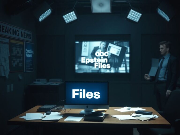 Flick International Dimly lit newsroom with empty desk and glowing computer screen displaying 'Epstein Files'