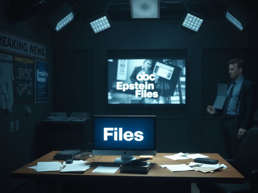 Flick International Dimly lit newsroom with empty desk and glowing computer screen displaying 'Epstein Files'