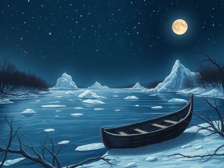 Flick International A winter scene depicting the icy Delaware River with large icebergs and a wooden boat representing Washington's crossing