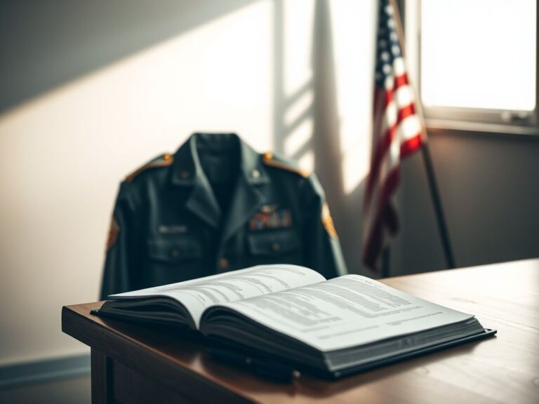 Flick International Military uniform hanging on a desk with a military code book and pen, symbolizing duty and responsibility