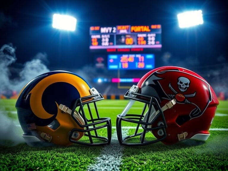 Flick International A dramatic night scene at an illuminated football stadium featuring helmets of the Los Angeles Rams and Tampa Bay Buccaneers.
