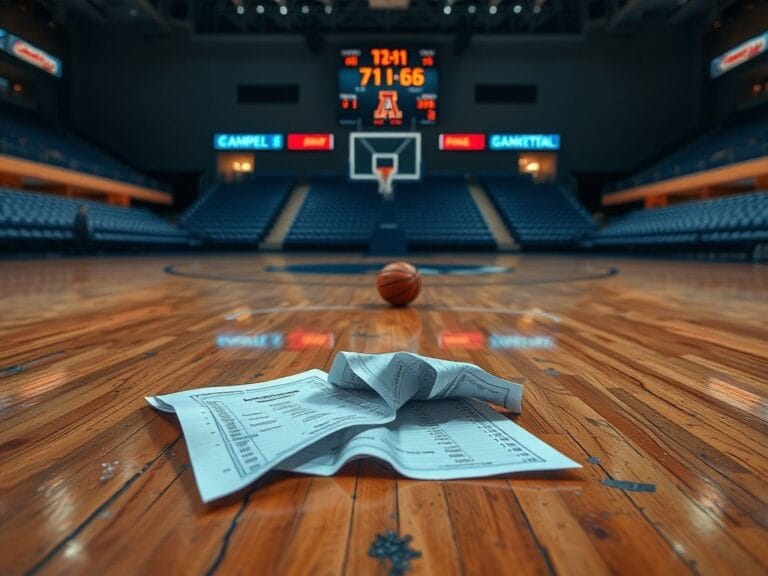 Flick International Tattered stat sheet on a basketball court after UConn's loss to Arizona