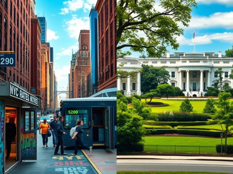 Flick International Split composition of New York City and Washington D.C. showcasing urban life and political discourse.