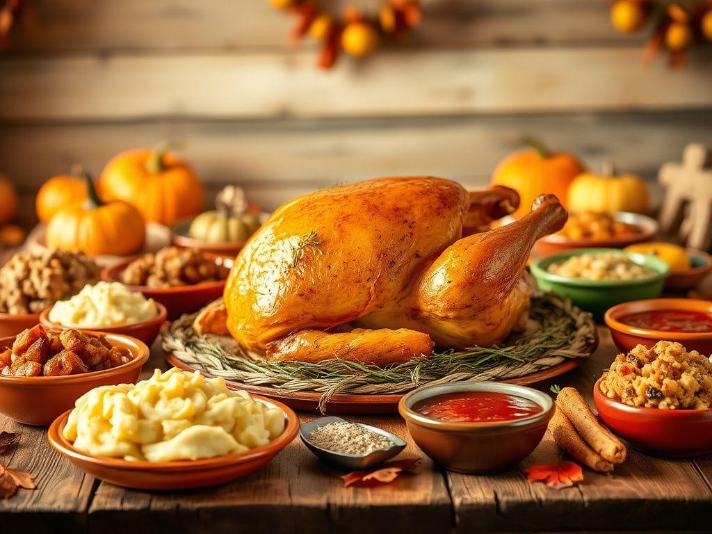 Flick International Rustic Thanksgiving table with roasted turkey and side dishes