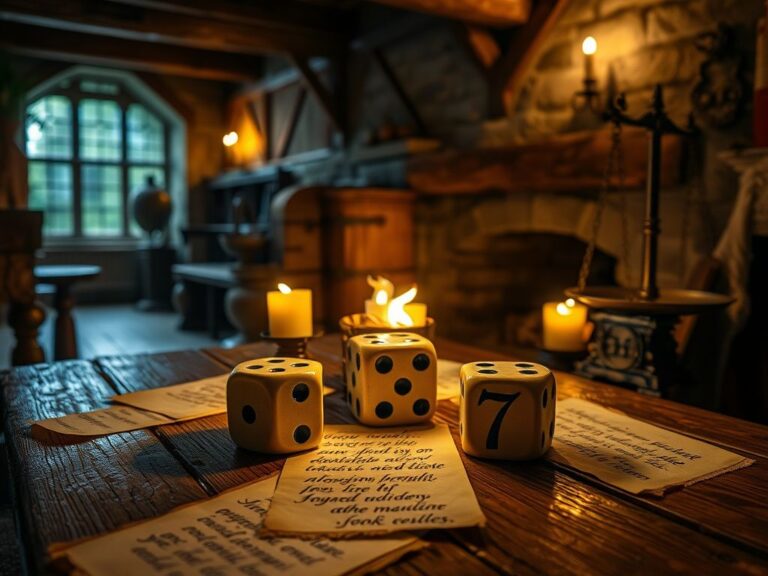 Flick International A dimly lit tavern setting with two six-sided dice and Shakespearean script on parchment