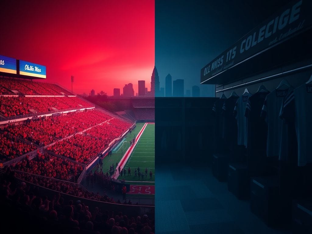 Flick International A vibrant Ole Miss football stadium contrasted with a dimly lit locker room, symbolizing college sports dynamics