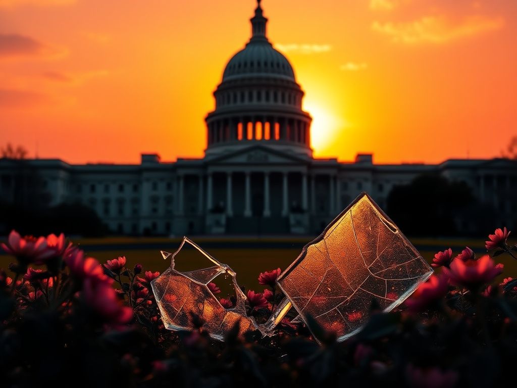 Flick International Strong silhouette of the U.S. Capitol building at sunrise with broken glass ceiling in foreground