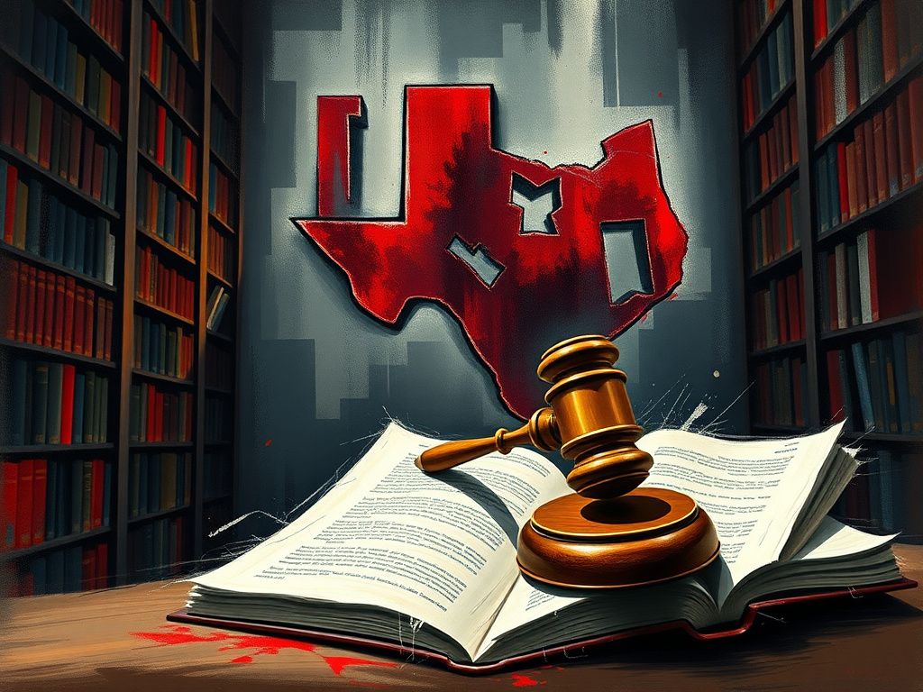 Flick International Dramatic courtroom scene with a gavel and distorted Texas map representing judicial conflict