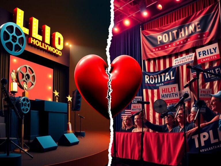 Flick International A split scene depicting Hollywood glamour contrasted with a political rally setting, symbolizing conflict.