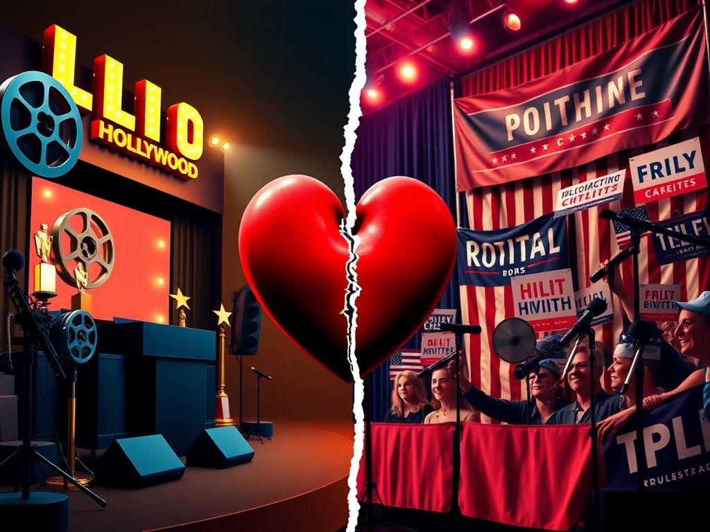 Flick International A split scene depicting Hollywood glamour contrasted with a political rally setting, symbolizing conflict.