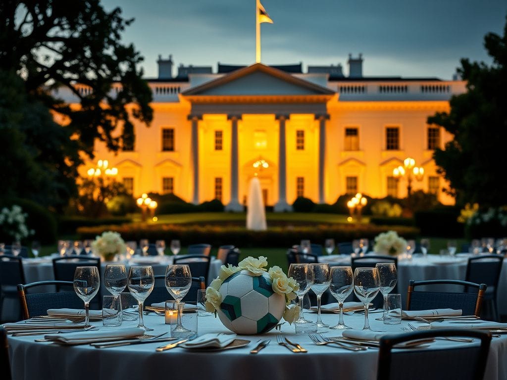 Flick International A grand view of the White House with elegantly set dinner tables for a VIP meeting