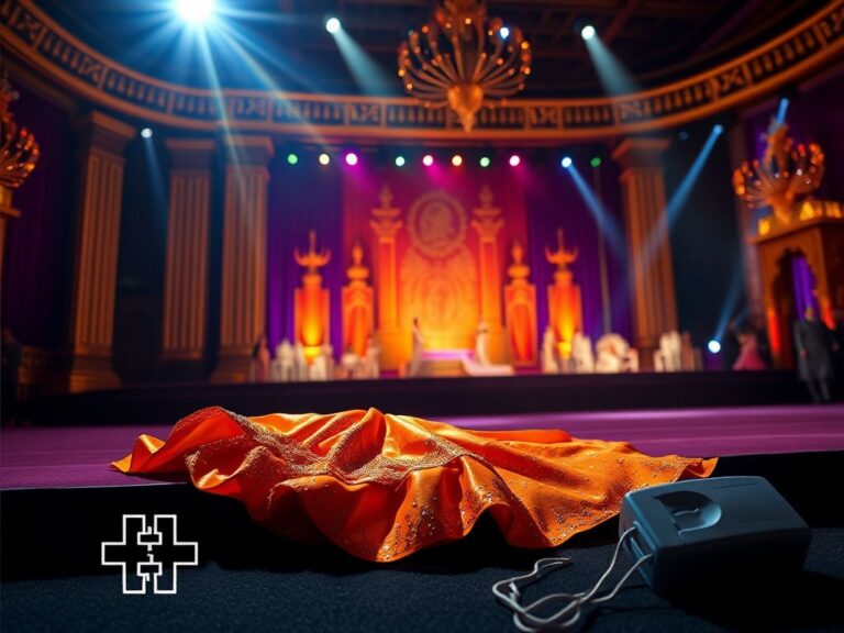 Flick International Miss Universe stage with crumpled orange gown and dramatic lighting