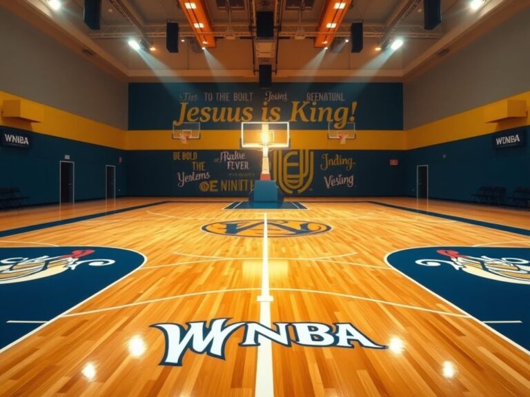 Flick International Indoor basketball court with polished wooden floor and glowing cross