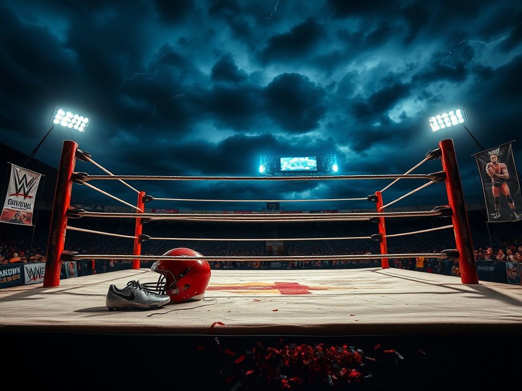 Flick International Wrestling ring illuminated by bright spotlights with a broken football helmet and worn-out cleats in the corner, symbolizing the blend of sports.