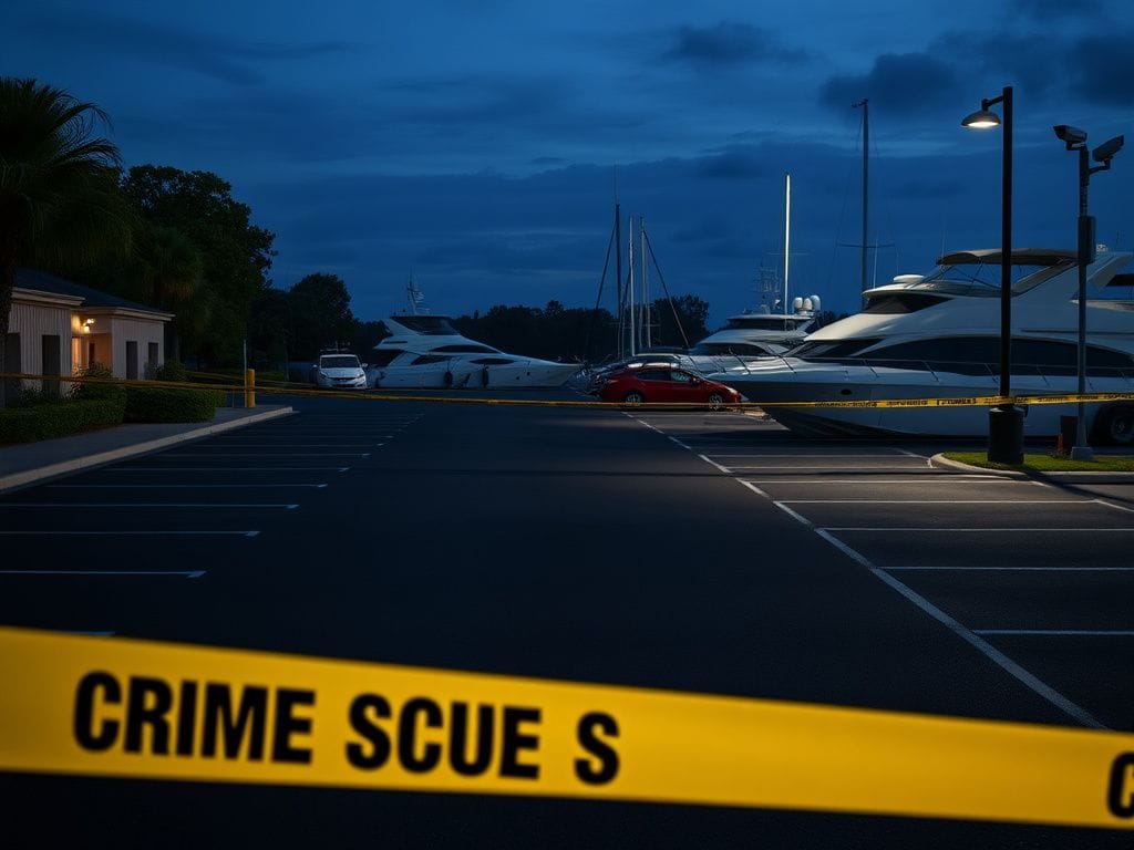 Flick International Stony Brook Yacht Club parking lot at dusk with crime scene tape