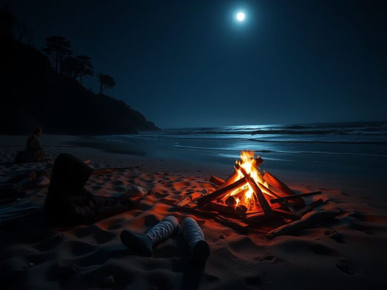 Flick International Moonlit California beach scene with bonfire remnants and scattered belongings