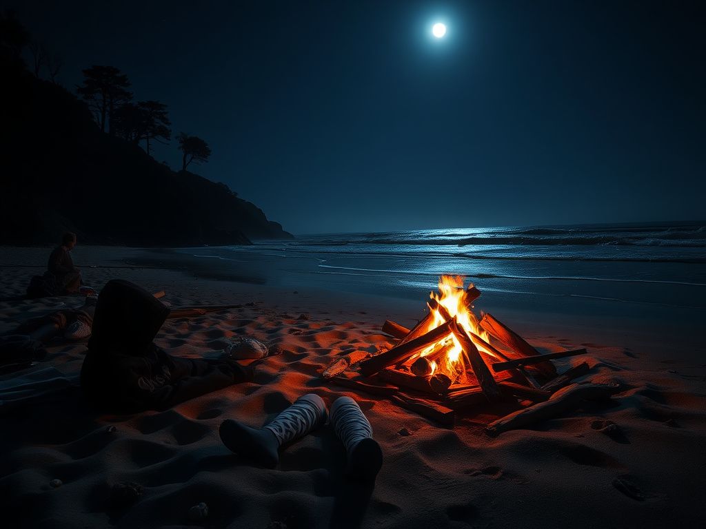 Flick International Moonlit California beach scene with bonfire remnants and scattered belongings