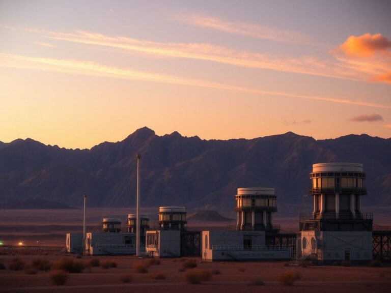 Flick International A serene desert landscape with futuristic nuclear testing facilities illuminated at dusk